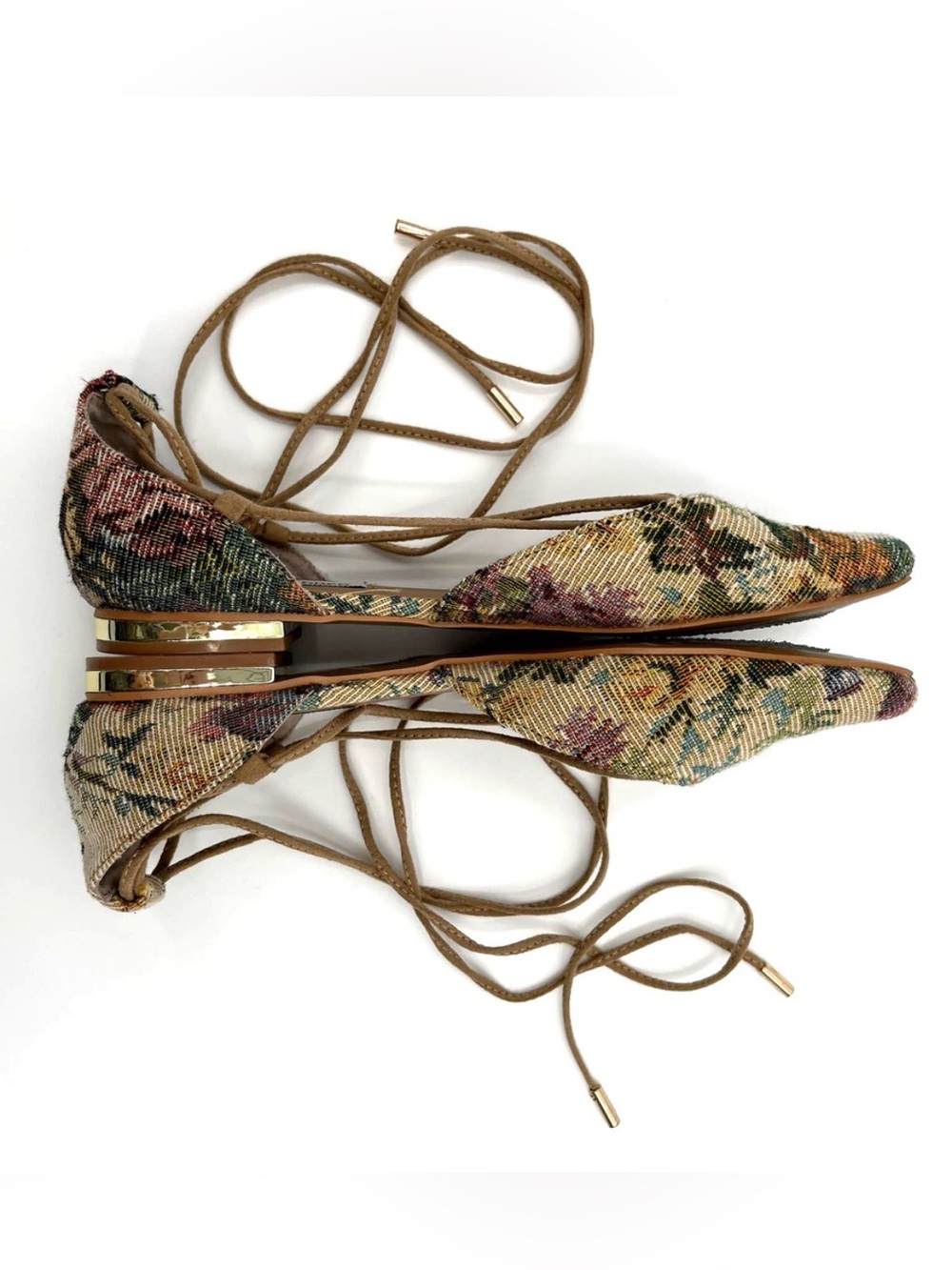 Steve Madden Walkie Flat Sz8.5 Floral Brocade Lace Up Point Toe Shoes Ankle Wrap - Picture 4 of 14